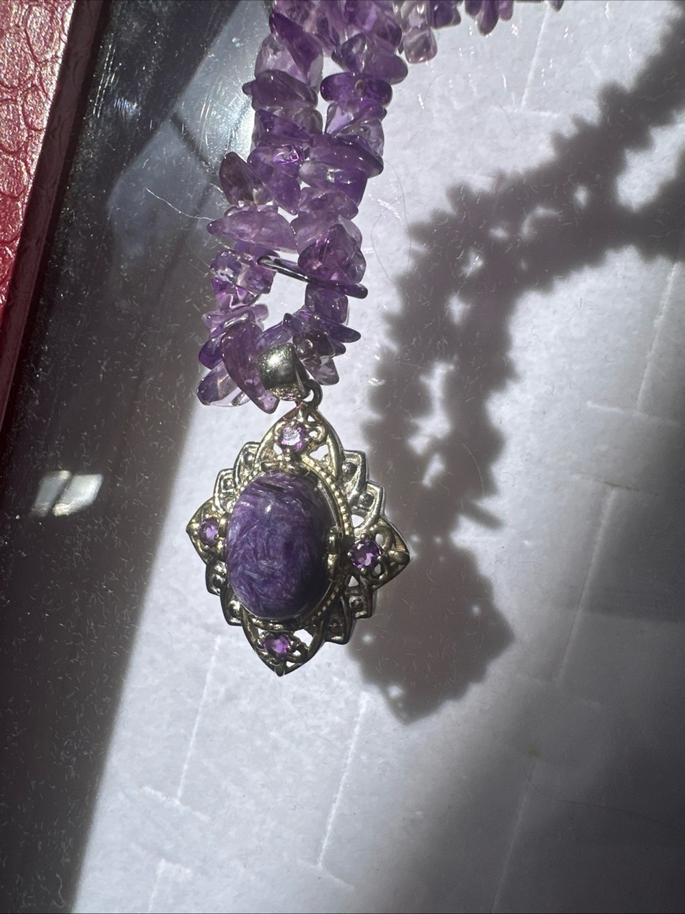 Charoite & Amethyst gemstone Sterling Silver Necklace and Pendant